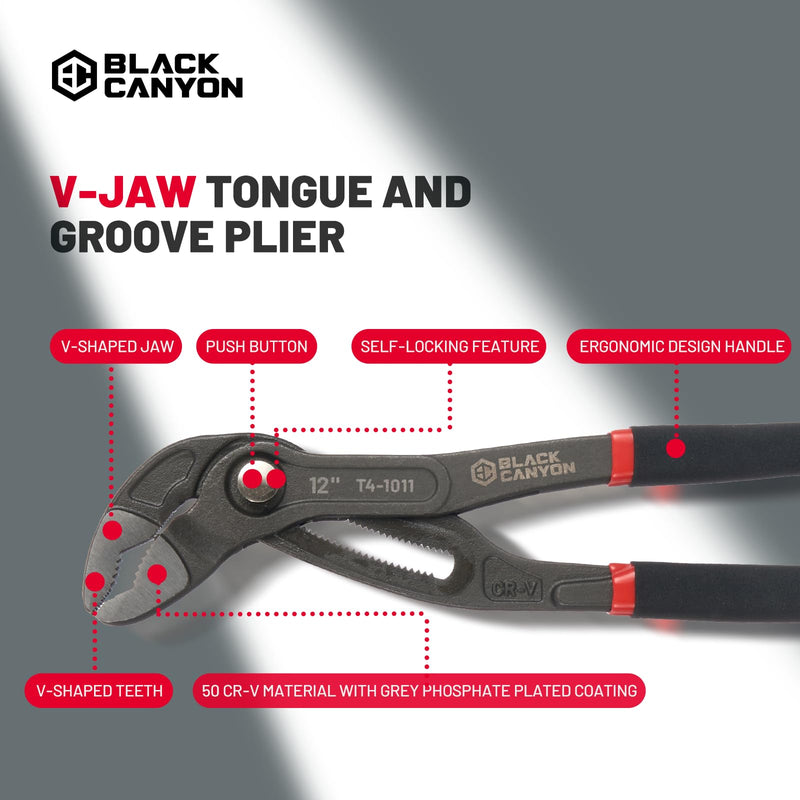 BLACK CANYON 12" Tongue and Groove Pliers, V-Jaw Groove Joint Plier with 25 Adjustable Positions, Heavy Duty 50 Cr-V Steel, Non-Slip Ergonomic Handle for Plumbing, Nuts, Bolts & Automotive Repair 12 IN