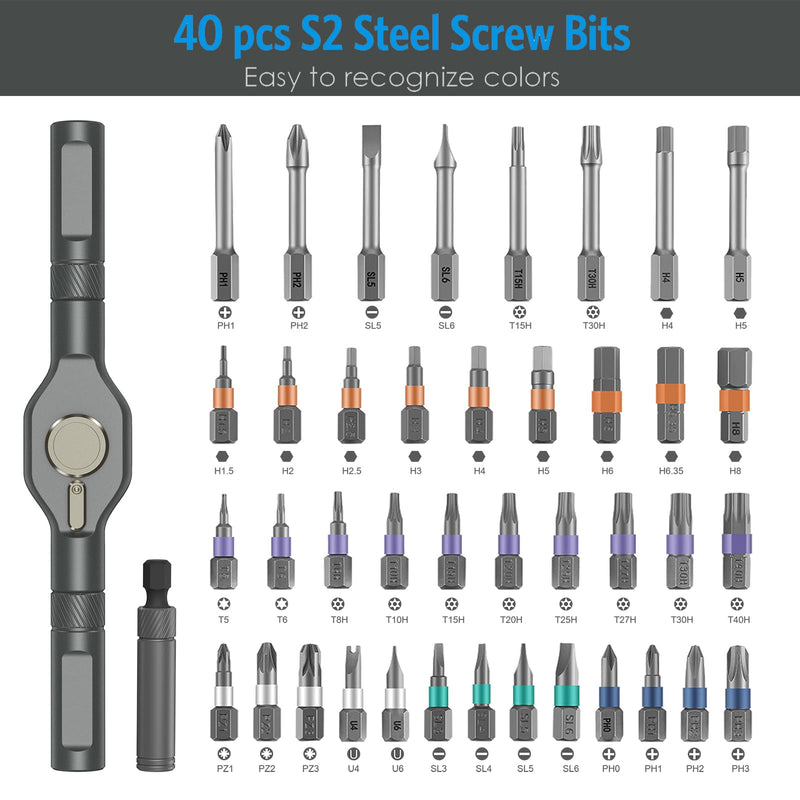 AMIR 42 in 1 Ratchet Screwdriver Set, Magnetic Screwdriver Set with 40 PCS Multi Bit, DIY Repair Tool Kit with Ratchet T Handle, Screw Driver Set Kit for Tools,Bicycle,Electronic Repair Grey