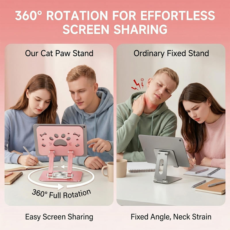 Cute Cat Paw Carbon Steel Tablet Phone Stand, 360 Rotating Heavy Duty Tablet Holder, Foldable Adjustable Stand Compatible with 4.7-13" iPhone, iPad Pro Air Mini, Kindle, Android Tablets (Pink) Pink