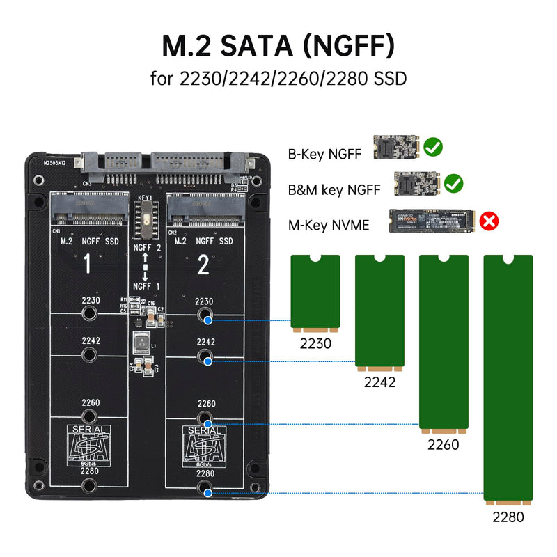 ELUTENG M.2 SATA (NGFF) to SATA 3.0 Adapter Card (Not Support NVME/M.2 PCIE) Dual NGFF B Key/B&M Key M.2 NGFF SDD to 2.5" SATA III Converter Adapter Support 2230 2242 2260 2280 SSDs