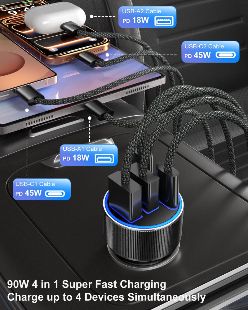 USB C Car Charger, 3 Pack 90W 4-Port Dual 45W Super Fast Car Phone Charger PD/QC 3.0 Fast Charging 12V Cigarette Lighter Adapter Plug for iPhone 17 16e 15 14 Pro Max, Galaxy S26 S25, Android Black