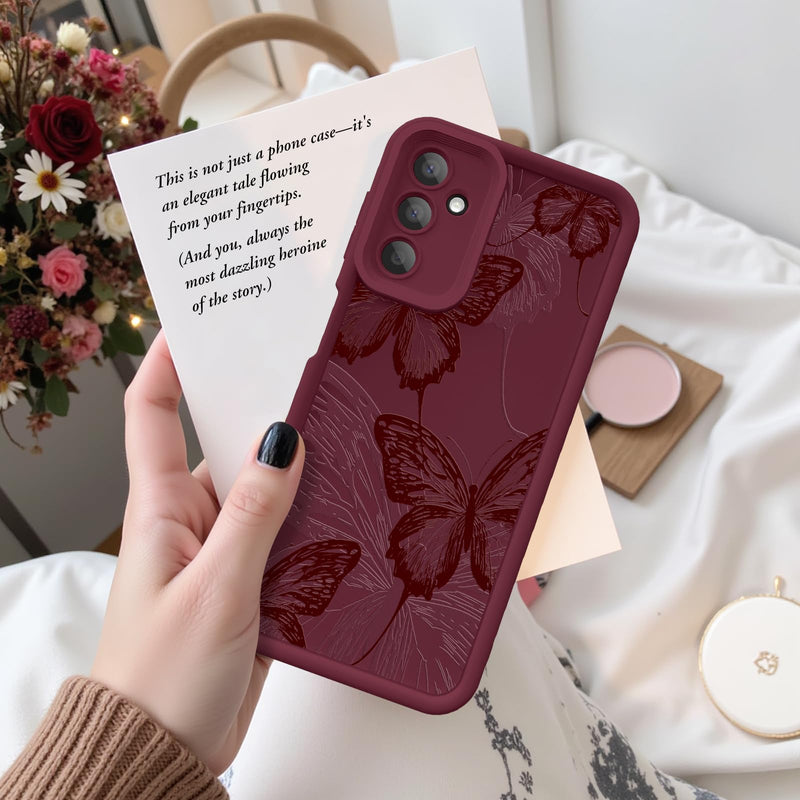 Case for Samsung Galaxy A17 5G, Silicone Shockproof Cover Women | Soft Silicone TPU, Raised Bezels, Precise Cutouts, Shock Protection, Easy Install, Burgundy Butterfly Samsung A17 Burgundy Red Butterfly