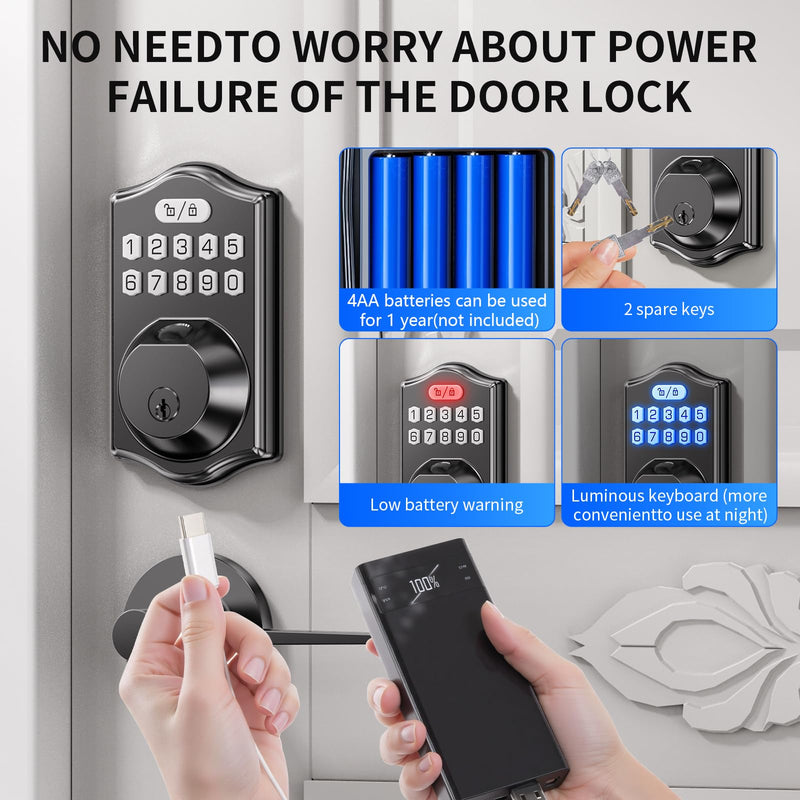 Deadbolts Lock for Front Door：Fingerprint Door Lock 0.3s Fast Unlock 100 Fingerprints 100 Codes Keyless Entry Smart Electronic Keypad Digital Auto Lock 1-99s Black