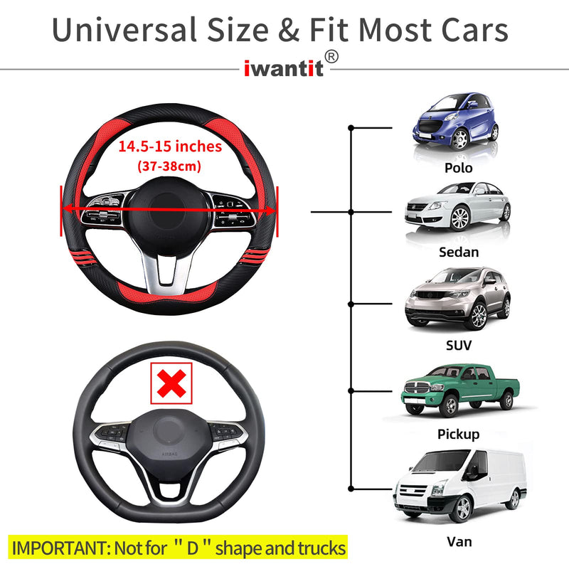 Iwantit® Premium Grip Steering Wheel Cover with Anti-Slip Rubber Ring, Made of Carbon Fiber & Breathable PU Leather, Universal Fit for 14.5-15 Inch Car and SUV (Passion Red) 003-Passion Red