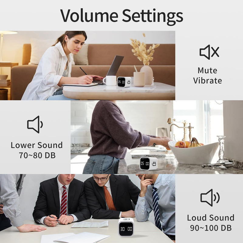 Productivity Timer Flip Gravity Sensor Cube Timer Countdown & Countup,Mute & Vibrate & Sound，5/10/30/60min & Custom Timing, Perfect for ADHD,Work,Learning,Kitchen Cooking White 2