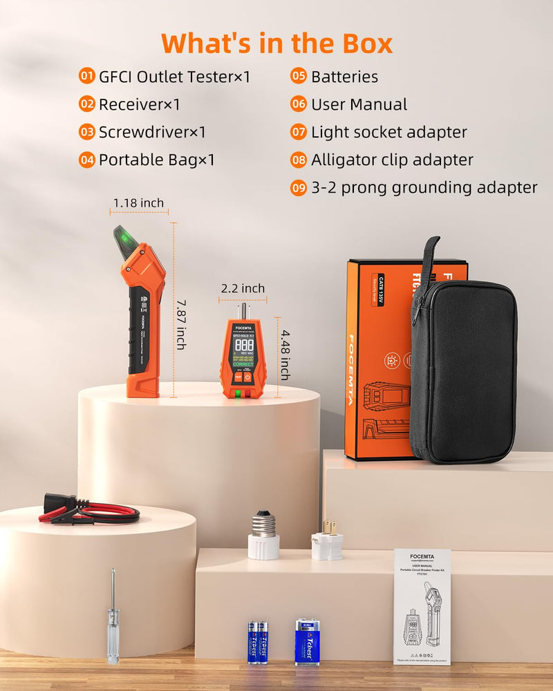 Circuit Breaker Finder Kit with GFCI Outlet Tester for 90-135V AC Circuits,includes Light Socket Adapter, 3-2 Prong Grounding Adapter & Clip adapter,Portable Electrical Tool with Carrying Case Orange