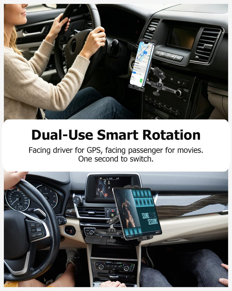 CD Slot Tablet Holder for Car - Metal Extension Arm, for 4-13" Devices | CD Player Tablet Mount with Adjustable Aluminum Arm, Drivers & Passengers Can Use, Fit for iPad, Galaxy Tab, Kindle, Phone