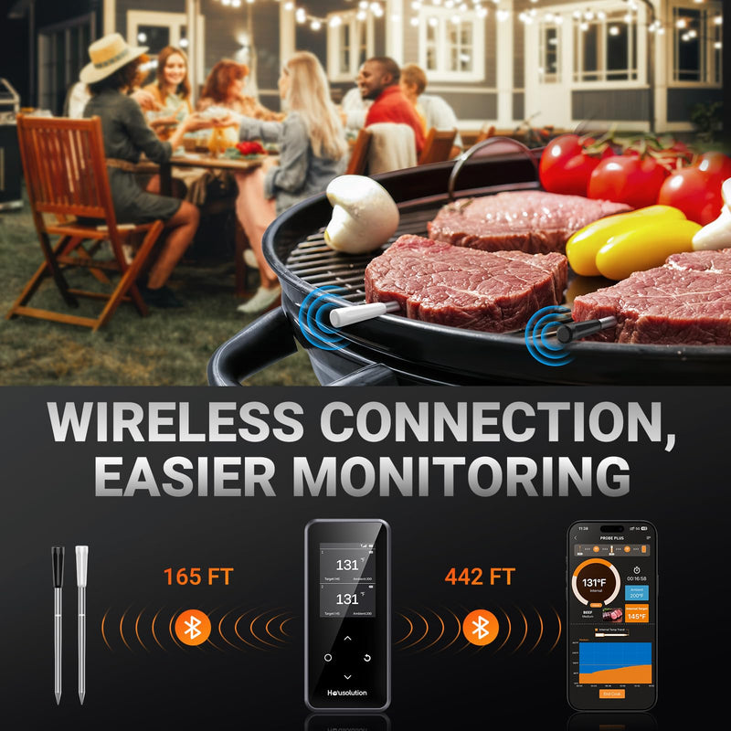 Housolution Wireless Bluetooth Meat Thermometer, Smart App & Standalone Base, Dual Probes & 6 Sensors, 0.5S Instant Read, Large LCD Display, Remote Connection for Cooking, Grilling, Smoking, BBQ Black