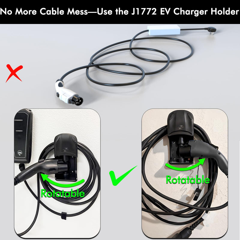 EV Charger Holder Wall Mount J1772 Holder for BMW Audi Ford Kia Rivian Volvo Gm Electric Vehicle Car, Swivel EV Charging Cable Organizer Black-305 One Size