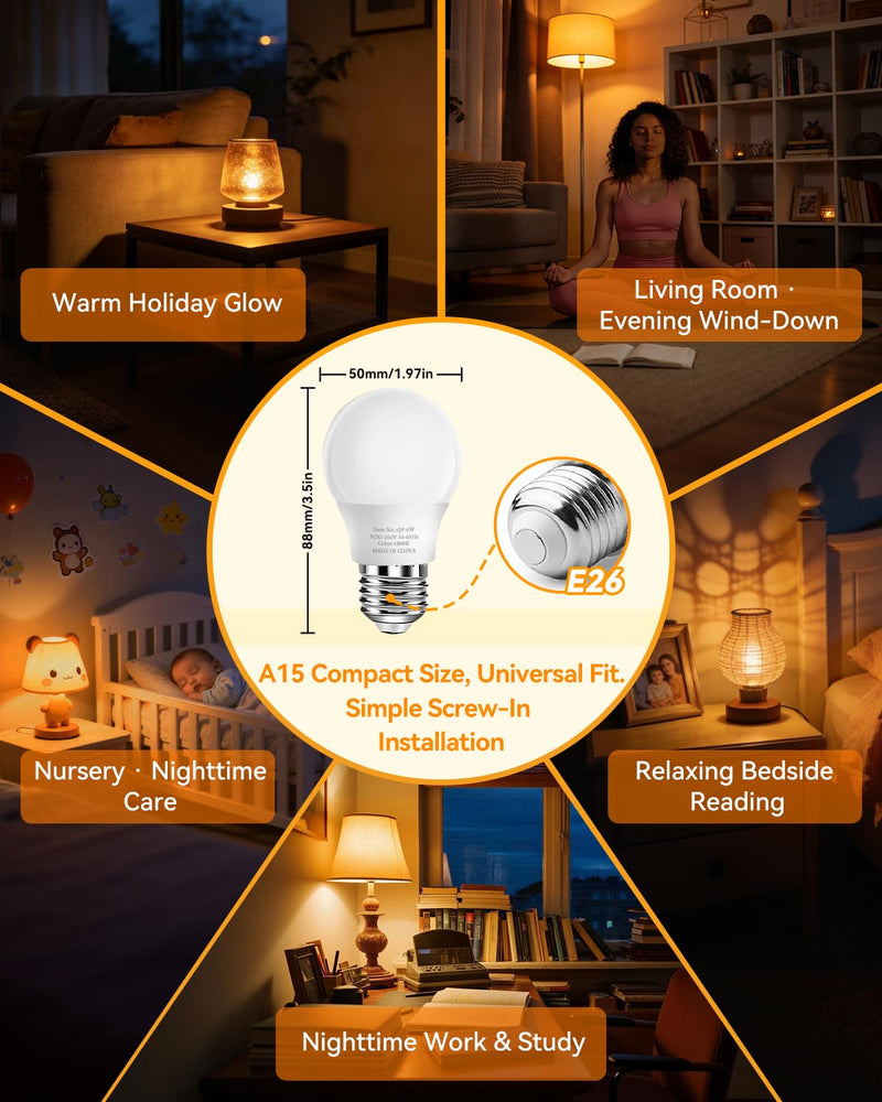 Neporal 1800K Amber Sleep Light Bulbs 8PK, 99.96% Blue Blocking Soft Warm Light Bulbs for Melatonin Promoting, A15 6W 40W Equivalent Amber Night Light E26 for Bedroom, Baby Nursery, Reading 8