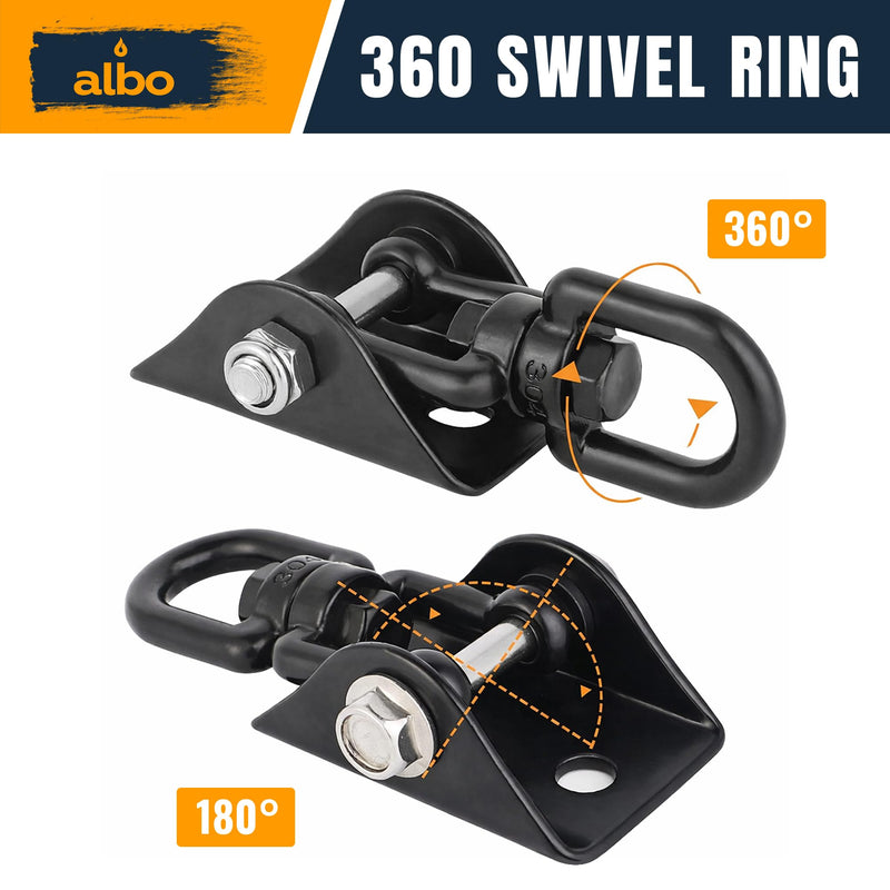 Albo Heavy Duty Swing Hangers 2 Pack, 2650 LBS, 360° Swivel Ceiling Mount Bracket with Carabiners – Hammock Chair, Porch Swing, TRX, Punching Bag, Hardware for Wood & Concrete Black 2 PCS