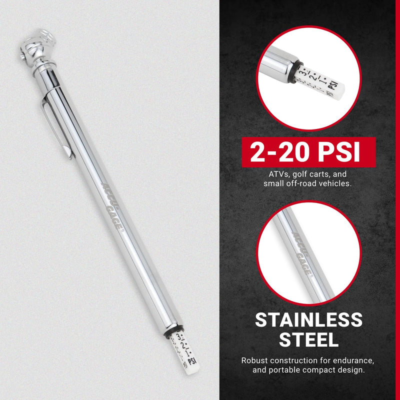 Accu-Gage Pencil Tire Pressure Gauge (2-20 PSI) Heavy Duty Stainless Steel Low Pressure Gauge Single Head Air Chuck wi/Built-in Deflator, 4 Replacement Tire Valve Caps