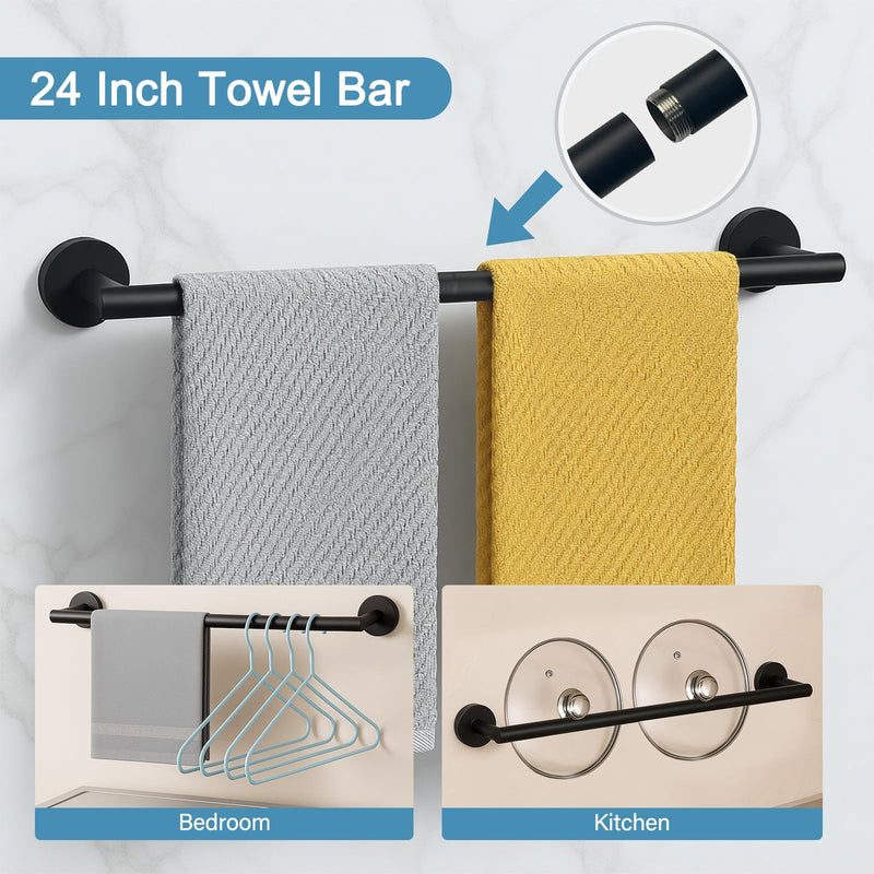 Matte Black 24in Stainless Steel Bathroom Hardware Set | Towel Bar Set , Bathroom Accessories Set Wall Mounted, Towel Racks for Bathroom, Towel Ring, Towel Hooks, Toilet Paper Holder 5
