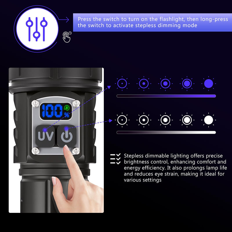 365nm UV Flashlight Black Light, Rechargeable 2-in-1 White and Ultraviolet Light Combo, Zoomable LCD Display UV Light for Pet Urine Detection, Resin, Rocks, Scorpion, AC Leak, Camping, Emergencies