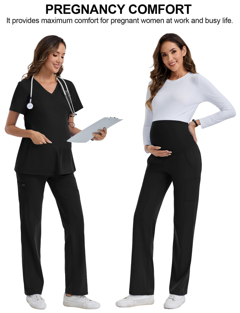 QBK Women's Maternity Scrub Pants Straight Cargo Work Pants with 6 Pockets 4-Way Stretch Regular Medium Black