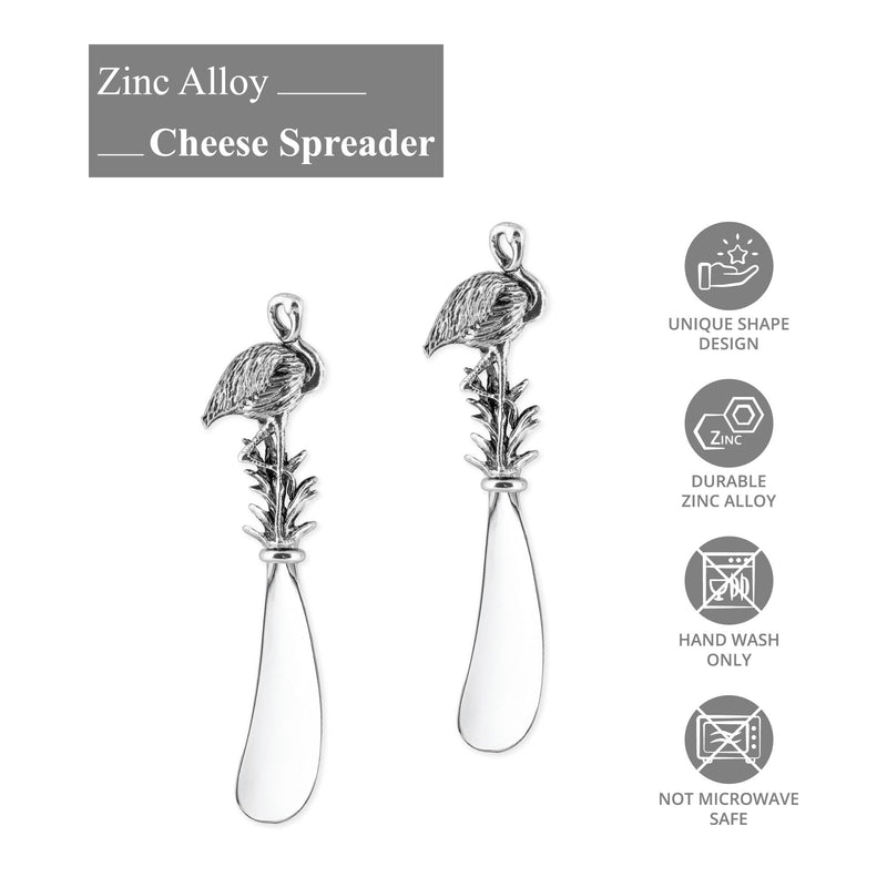 Wine Things American Flamingo Cheese Spreader Set, Zinc Alloy Butter Spreaders with Decorative Handles for Cheese, Cream, and Dips, Silver, 5 Inch, Set of 2