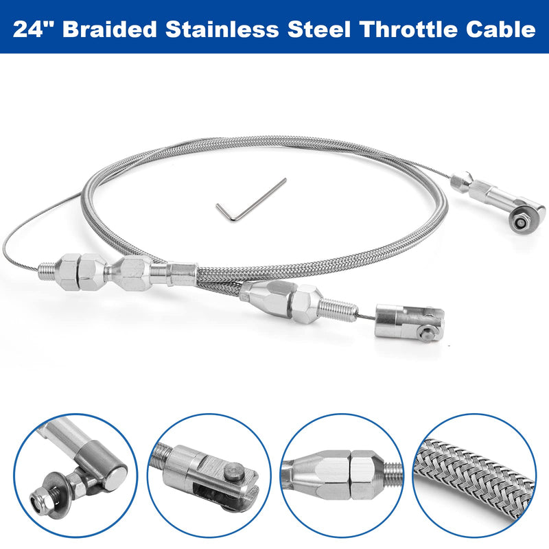 Spurtar 24" Universal Throttle Cable Stainless Steel Braided Covering Locking Throttle Cable Kit With Aluminum Fitting & Ferrule, Adjustable Throttle Cable Automotive Replacement Accelerator Cables 24 inch