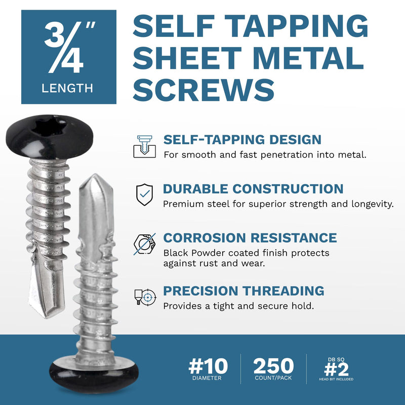 250-Pack #10 x 3/4 Black RV & Trailer Self Tapping Sheet Metal Screws | Enclosed Cargo Trailer Skin Fasteners | Dbl Square Bit Included