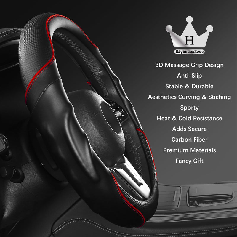 3D Car Steering Wheel Cover Comfort Grip Massage Sporty Anti-Slip Carbon Fiber Faux Leather for Sedan SUV, Universal Fit, Car Handle Covers for All Seasons, 14.75-15.15in, Red Black+Red Standard Size[14.75-15.15"](37.5-38.5cm)