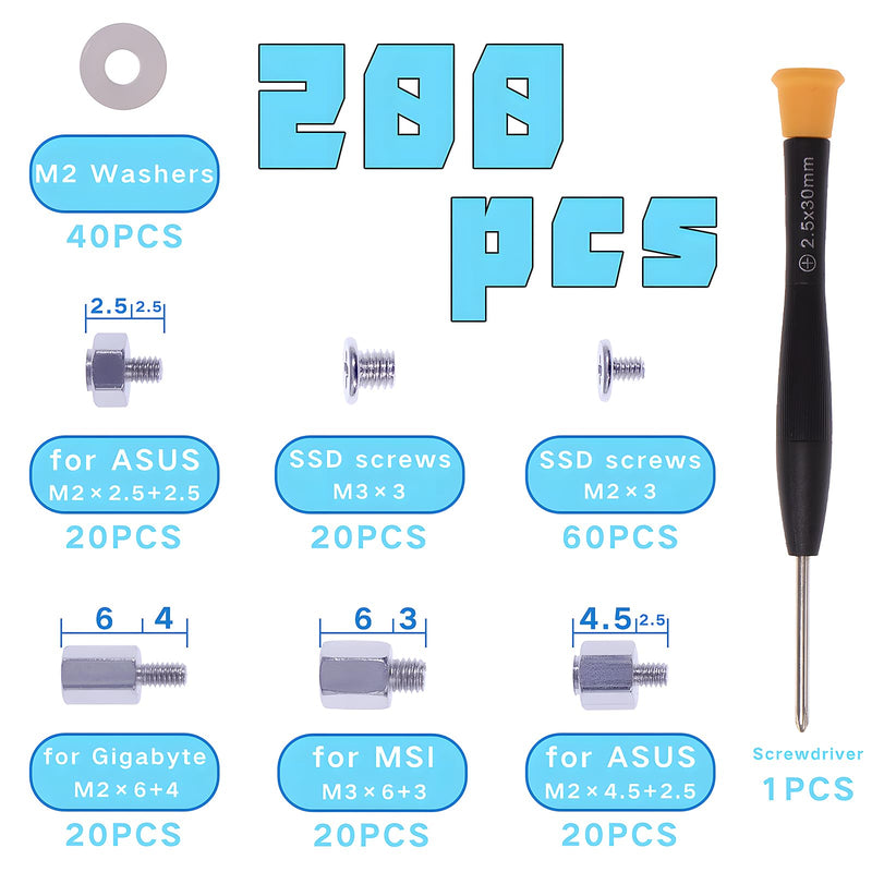 200Pcs M.2 SSD Mounting Screws Silver Laptop Screws m.2 Standoff and Screw M2 Motherboard Standoffs Notebook Computer Screw Set with Screwdriver for Asus Gigabyte MSI Motherboards
