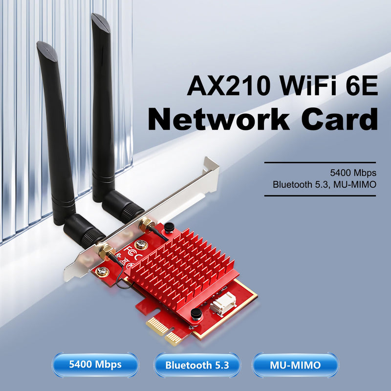 WiFi 6E PCIe Card | Intel AX210 Chip | 5400Mbps Tri-Band 2.4GHz/5GHz/6GHz | Bluetooth 5.3 | Low Latency Wireless Adapter for Gaming & Streaming | Windows 10/11 Compatible