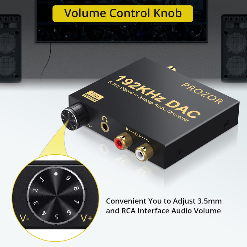 PROZOR 192kHz Digital to Analog Audio Converter - Converts Dolby AC-3 DTS 5.1CH Digital Audio to Stereo Analog Output, Optical to L/R DAC Decoder, DAC Converter SPDIF TOSLINK to Stereo L/R & 3.5mm 3.5mm & RCA Output