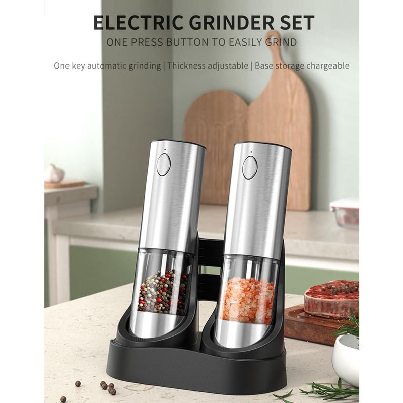 RECHARGEABLE - Electric Pepper and Salt Grinder Set, Adjustable Coarseness, With LED Light, One Hand Automatic Operation (C/Silver) C/Silver