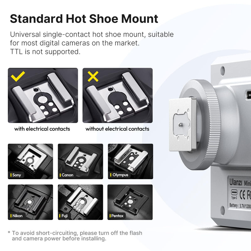 Ulanzi F12 Mini Camera Flash Speedlite, GN12 CCT 5600K for Canon Sony Fuji | Single Contact Universal Hot Shoe Mount Flash, USB Charging, For DSLR Camera, Outdoor Portrait Fill Lighting Product Shooting White