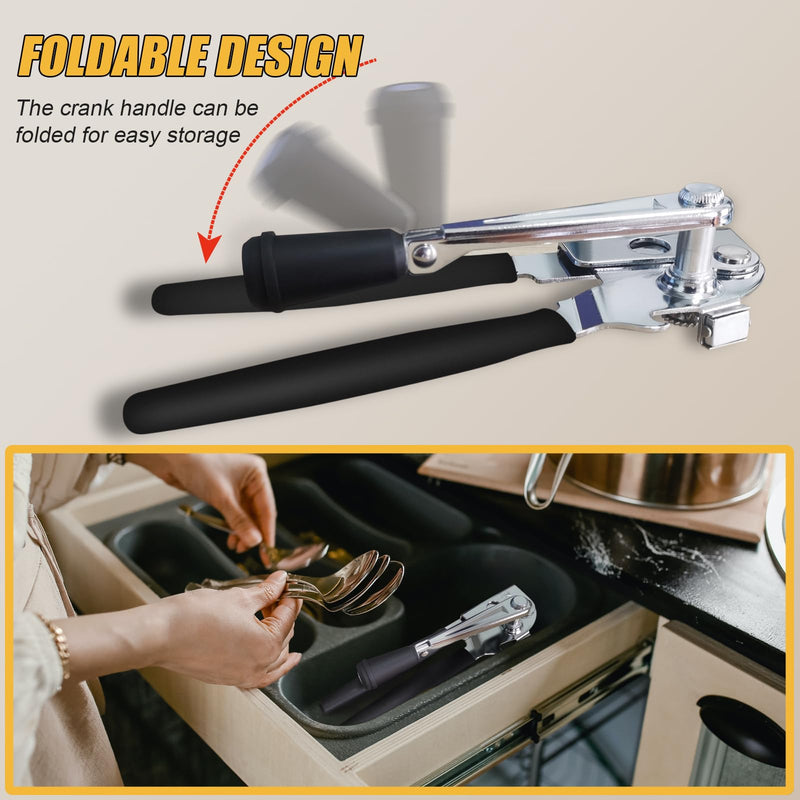 Commercial Can Opener, ICEKATl Can Opener Manual Heavy Duty Easy for Big Cans with Magnet, Folding Hand Crank With Comfortable Long Handles Black