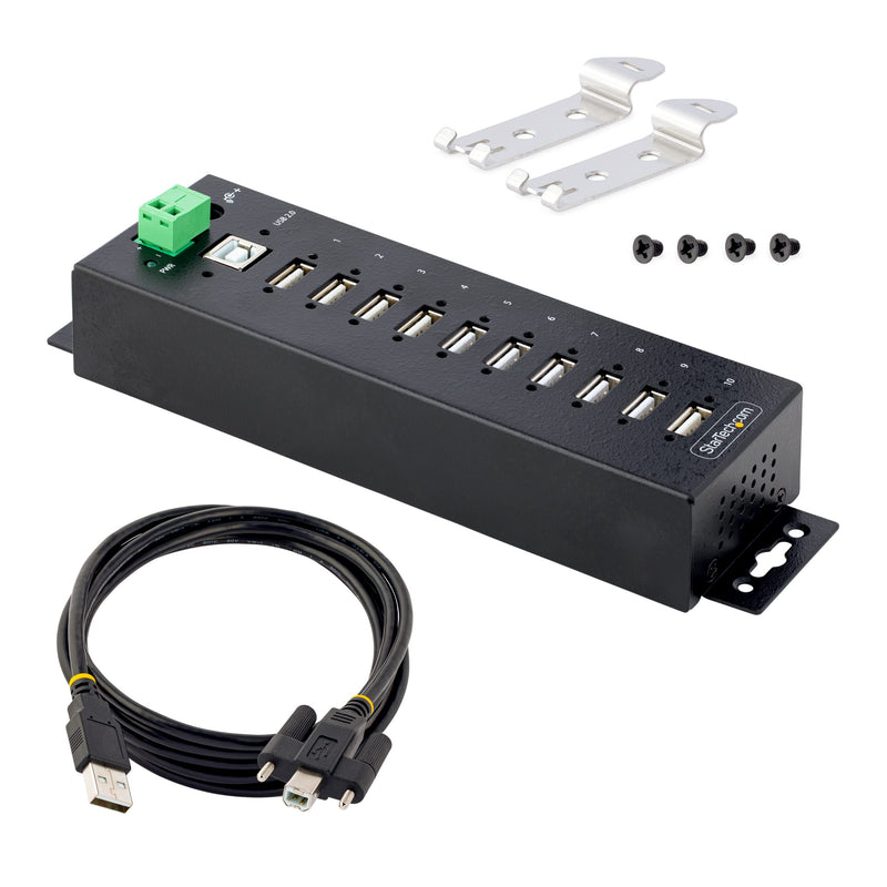 StarTech.com 10-Port Industrial USB 2.0 Hub, Rugged USB Hub w/ESD Level 4 Protection, DIN/Wall/Desk-Mountable USB-A Hub, USB Port Expander w/Lockable Ports, USB Expansion Hub, TAA