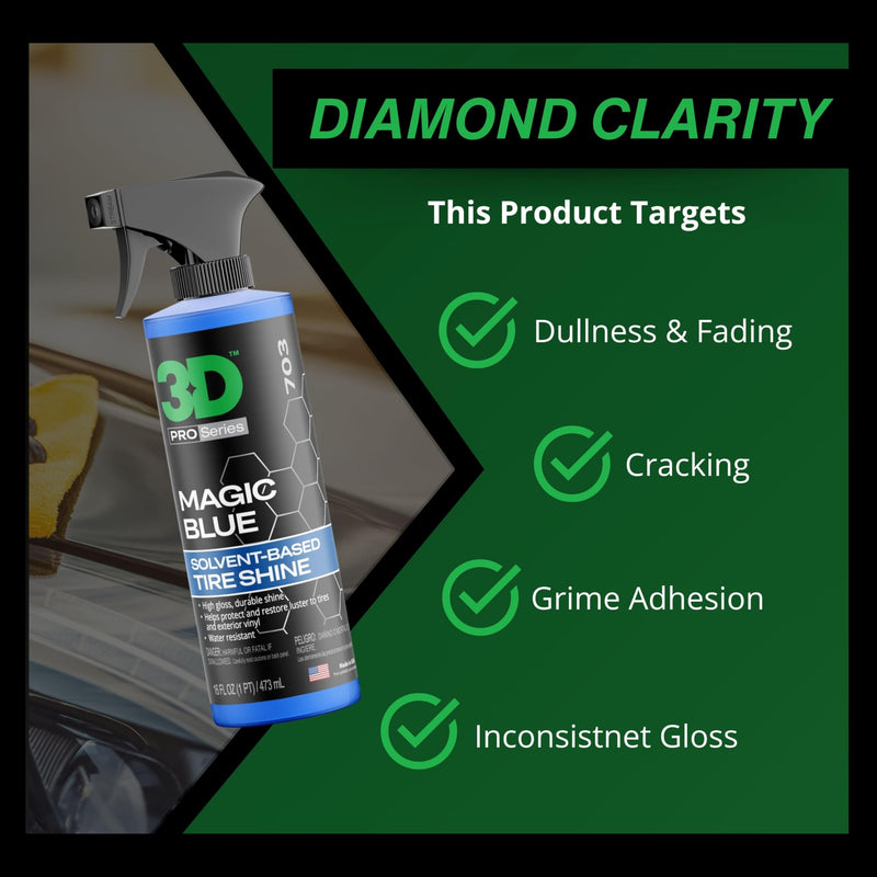 3D Magic Blue Tire Shine Spray - Water Resistant High Gloss Tire & Trim Dressing | Long Lasting Protection | No Sling, No Run Formula | Made in USA |16 oz 16oz.