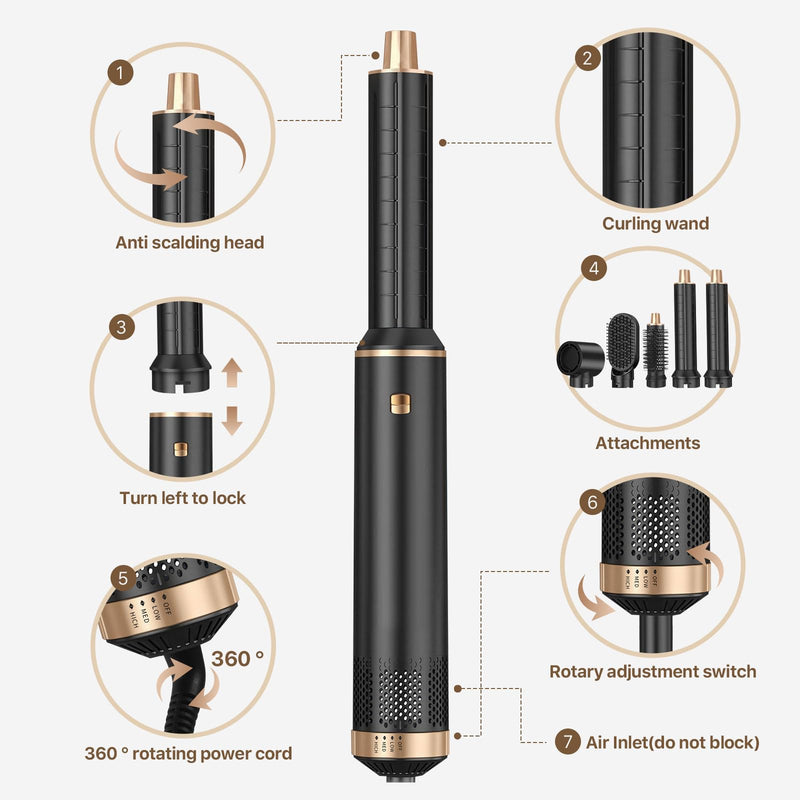 Sendowtek 5 in 1 Hot Air Styler Brush 1000W Hairdryer and Curler | Multi Tool Brush Curler, 3 Level Heat Comb for Rotating Straightening Volumize, Hot-Air Auto Wrap Styling Tool for Women