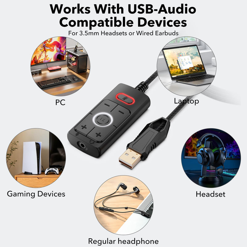 1Mii S03 External USB Sound Card, 7.1 Surround USB 3.5mm Jack Audio Adapter | for PC to Headphones, Plug & Play, Volume Control and Mic Mute for Gaming, USB to AUX for Headset, Computer, PS4, PS5, 6FT
