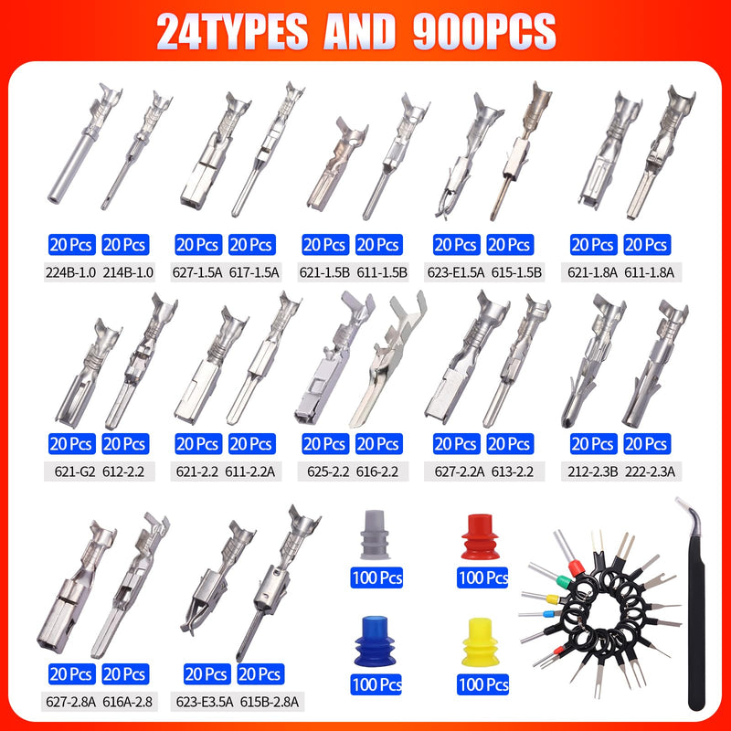 900Pcs 24Types of Pin Connector Kit and Terminal Pins with Crimping Tool | Non-Insulated Plug, 1/1.5/1.8/2.2/2.3/2.8/3.5mm Male&Female, Copper Material,Car Electrical Wire Connectors, Terminal Pins