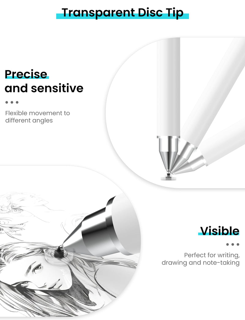MEKO Stylus Pen for Touchscreen, 3-in-1 Universal Tablet Pen | Magnetic Design Replacement Tip, Fiber & Rubber & Disc Nibs, High Sensitivity for All Touch Screens Devices (White) White