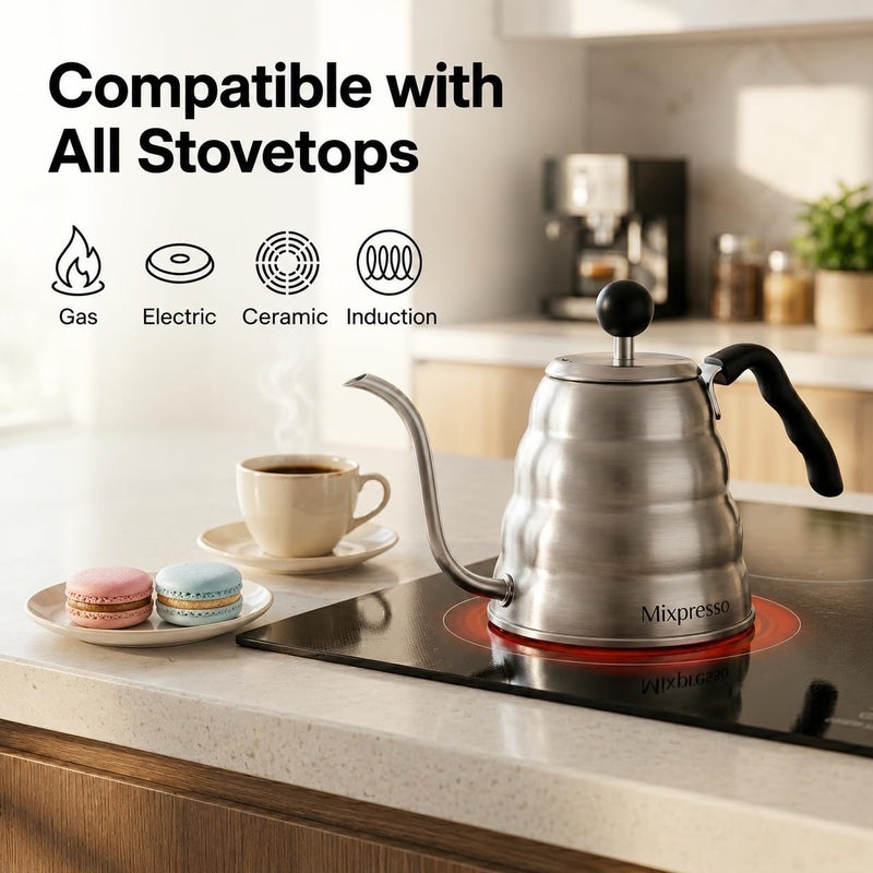 Mixpresso Gooseneck Pour Over Coffee Kettle, Barista Pour Control Design, Ideal for Coffee and Tea, High-Grade Stainless Steel 1.2 Liter 40 Oz, Induction Cooker Stovetop Kettle Stainless Steel