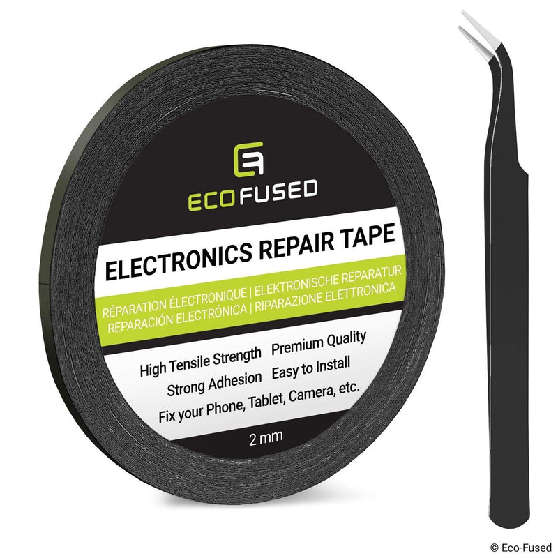 Eco-Fused 2mm Double-Sided Adhesive Sticker Tape - for Smartphone, Tablet, PC, Laptops, LCD, Digitizer, Small Electronic Repair - Includes Pair of Tweezers, Microfiber Cleaning Cloth Black - 1 Pack + Tweezers