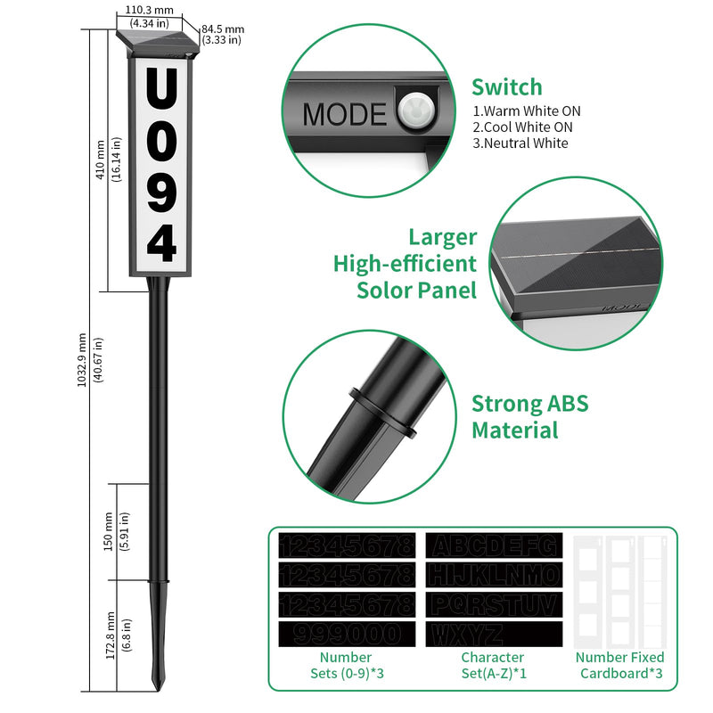 Solar Address Sign, Lighted House Numbers for Outside Waterproof, 3 Colors LED Illuminated Address Plaque with Stakes, Solar Address Numbers for House Yard Garden Street