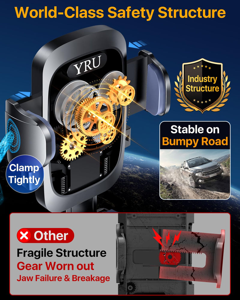 [True Upgrade for Safety] YRU Car Phone Holder Mount [Patent & Military-Grade] Dashboard Cell Phone Holder for Car Vent Windshield Phone Stand for iPhone17 16 15 14 13Pro Max Truck Samsung, Dark Black