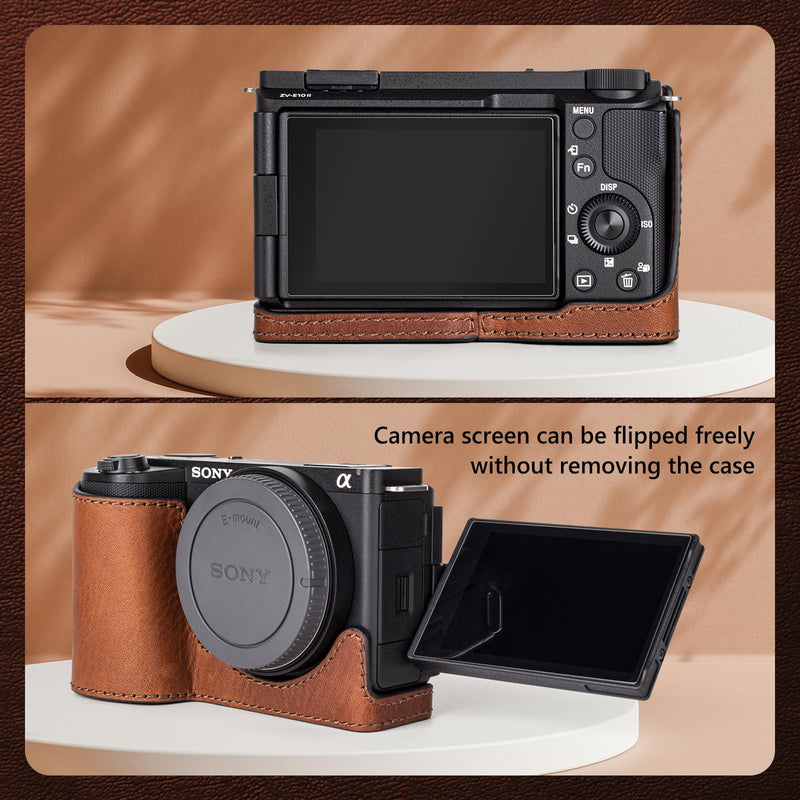 MUZIRI KINOKOO Protective Case for Sony ZV-E10 II, Vintage Textured Genuine Leather Half Case Compatible for Sony Alpha ZVE10 II/ZV-E10 II Camera, with Opening Bottom & 1/4” Thread Screw - Brown