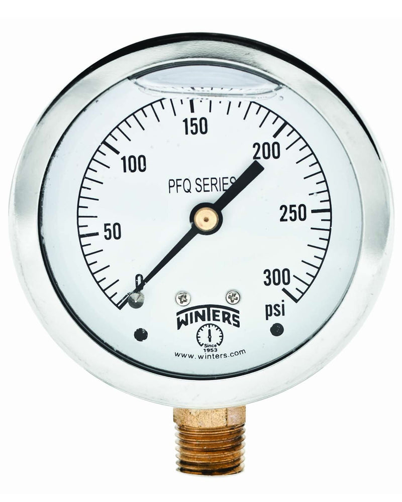 Winters 2-1/2" Dial Size, Liquid Filled Industrial Pressure Gauge, Brass Internals, 304 Stainless Steel Case, Single Scale 0-300 psi, 1.5% Acc, 1/4" NPT Bottom Mount, Glycerin Filled Pressure Gauge 0/300 PSI
