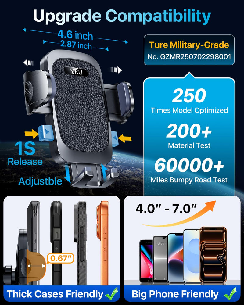 [True Upgrade for Safety] YRU Car Phone Holder Mount [Patent & Military-Grade] Dashboard Cell Phone Holder for Car Vent Windshield Phone Stand for iPhone17 16 15 14 13Pro Max Truck Samsung, Dark Black