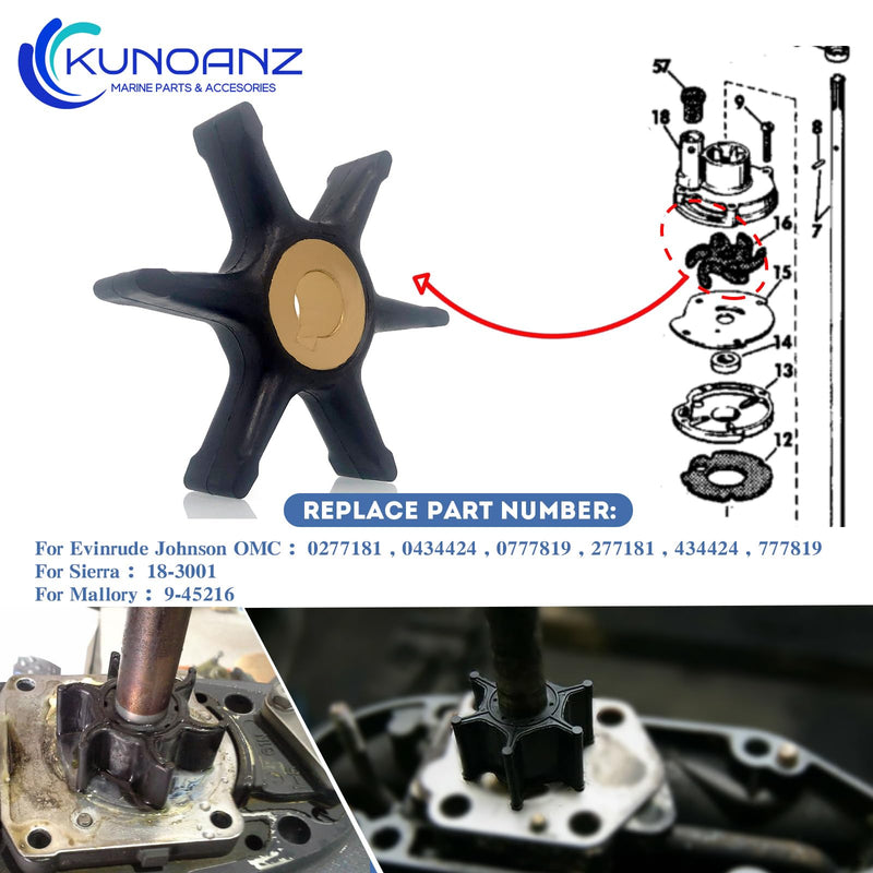 277181 434424 Water Pump Impeller For Evinrude Johnson 3/4/5/5.5/6/7.5 HP 2 Stroke Outboard Sierra 18-3001 0277181 0434424 0777819 3HP 4HP 5HP 5.5HP 6HP 7.5HP 3 4 5 5.5 6 7.5 HP