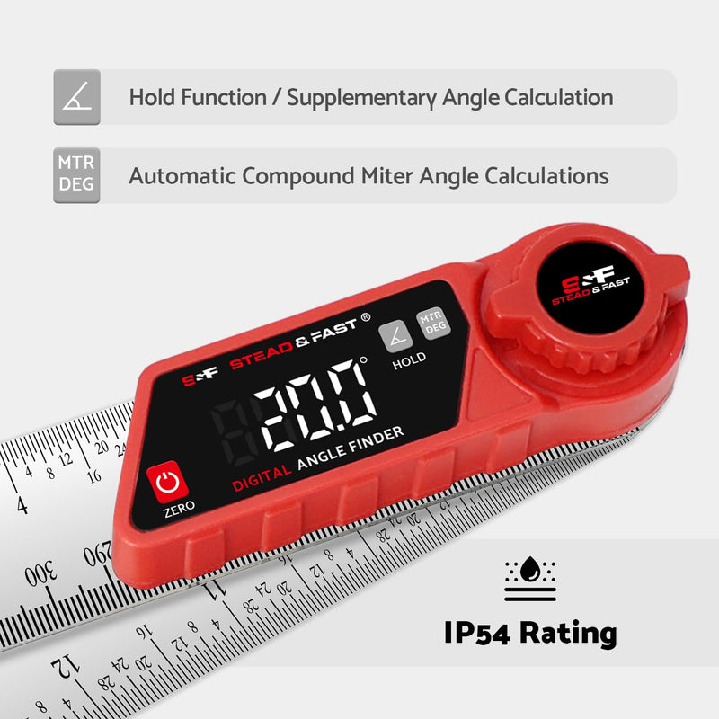 S&F STEAD & FAST Digital Angle Finder with Miter Button, 7 Inch / 200 mm | Secure lock knob, XL LED Display, Stainless steel arms, High-precision, Versatile protractor, for Miter saw & Crown molding Red