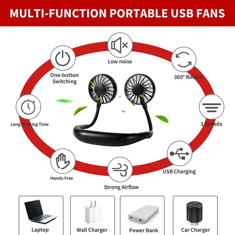 Portable Neck Fan Rechargeable Personal Hand-Free Fan Mini USB Wearable Neckband Sport Fan, 3 Speed Adjustable, 360 Degrees Free Rotation Perfect for Working, Traveling, Office, Reading (Full Black) Full Black