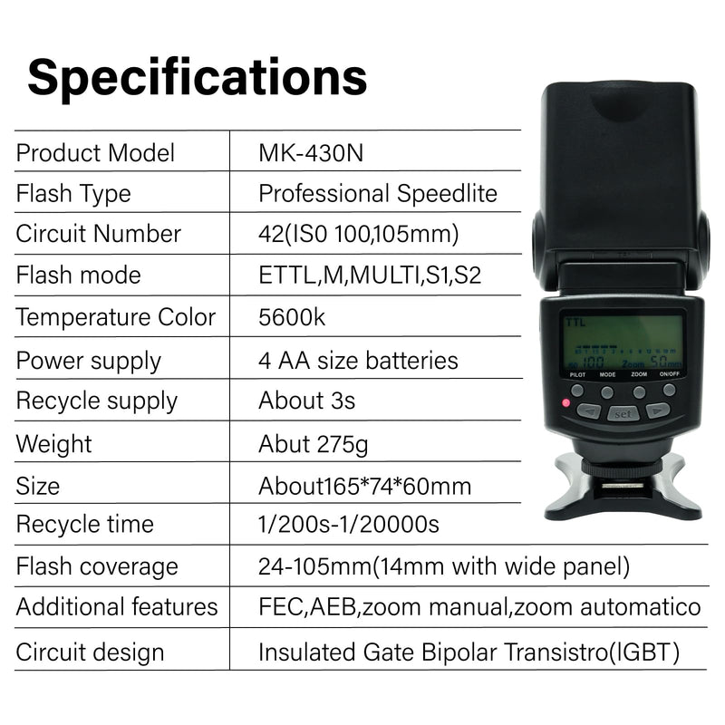 Meike 430N TTL Speedlite LCD Display Shoe Mount Flash Compatible with Nikon F System Digital SLR Cameras D3400 D3300 D3200 D5600 D850 D750 D7200 D5300 D5500 D500 D7100 D3100 etc MK-430N