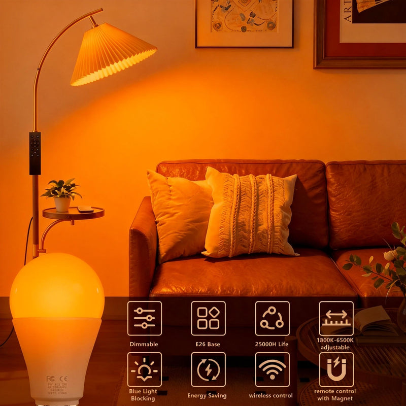 Amber Sleep Light Bulbs with Remote Control, 800LM 9W (60W Equivalent),Circadian Rhythm Light Bulb,Dim,1800K-6500K,E26,2.4G,Warm and Reading Light Bulb for Home Decor,2Bulb&1Remote Amber-9W-1Remote and 2Bulb