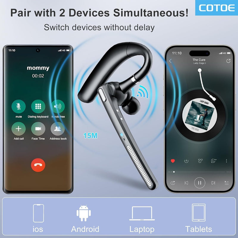 Bluetooth Headset with 72-Hour Talk Time & 500mAh Charging Case, Bluetooth V5.3 Headset with Noise Cancelling Mic – Wireless Earpiece Hands-Free Headphones for Office Trucker Driving Business,Black Black