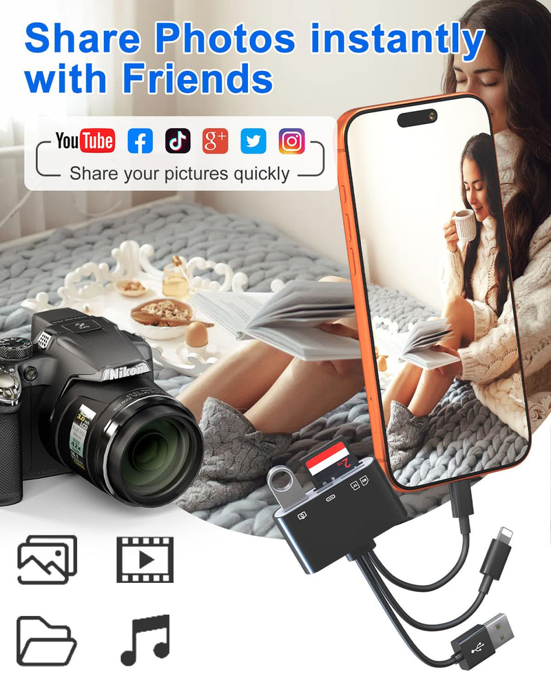 4-in-1 SD Card Reader for iPhone, Lightning+USB C+USB OTG Adapter, Transfer Photos from Digital Camera to Phone Memory Card Reader with SD/TF/USB Flash Drive/USB C Port Compatible with iPhone Android