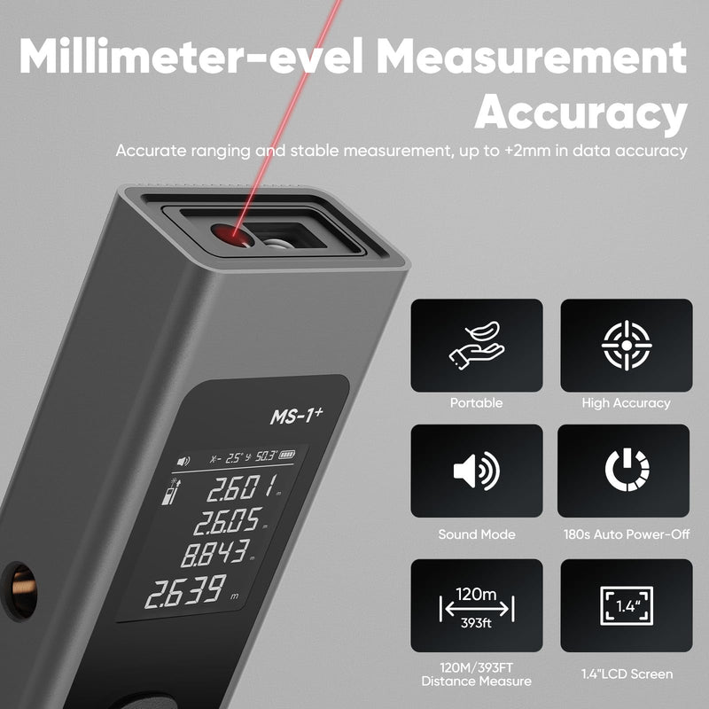 2-in-1 Laser Measure & Line Laser 393 FT - Distance Meter with Cross-Line, Laser Level with 3 Lasers Heads, Type-C Rechargeable- Area/Volume/Pythagorean for Construction, Tiling, 1.4" Black LCD